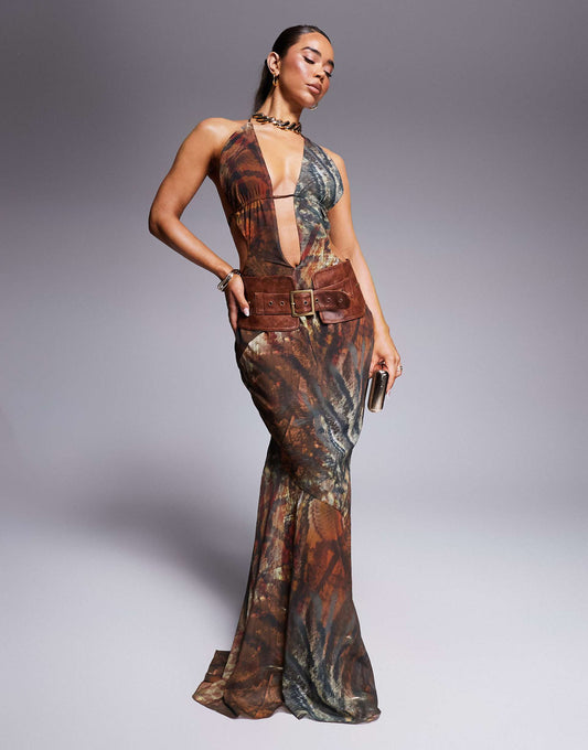 Exclusive Halterneck Deep Plunge Maxi Dress With Leather Look Belt