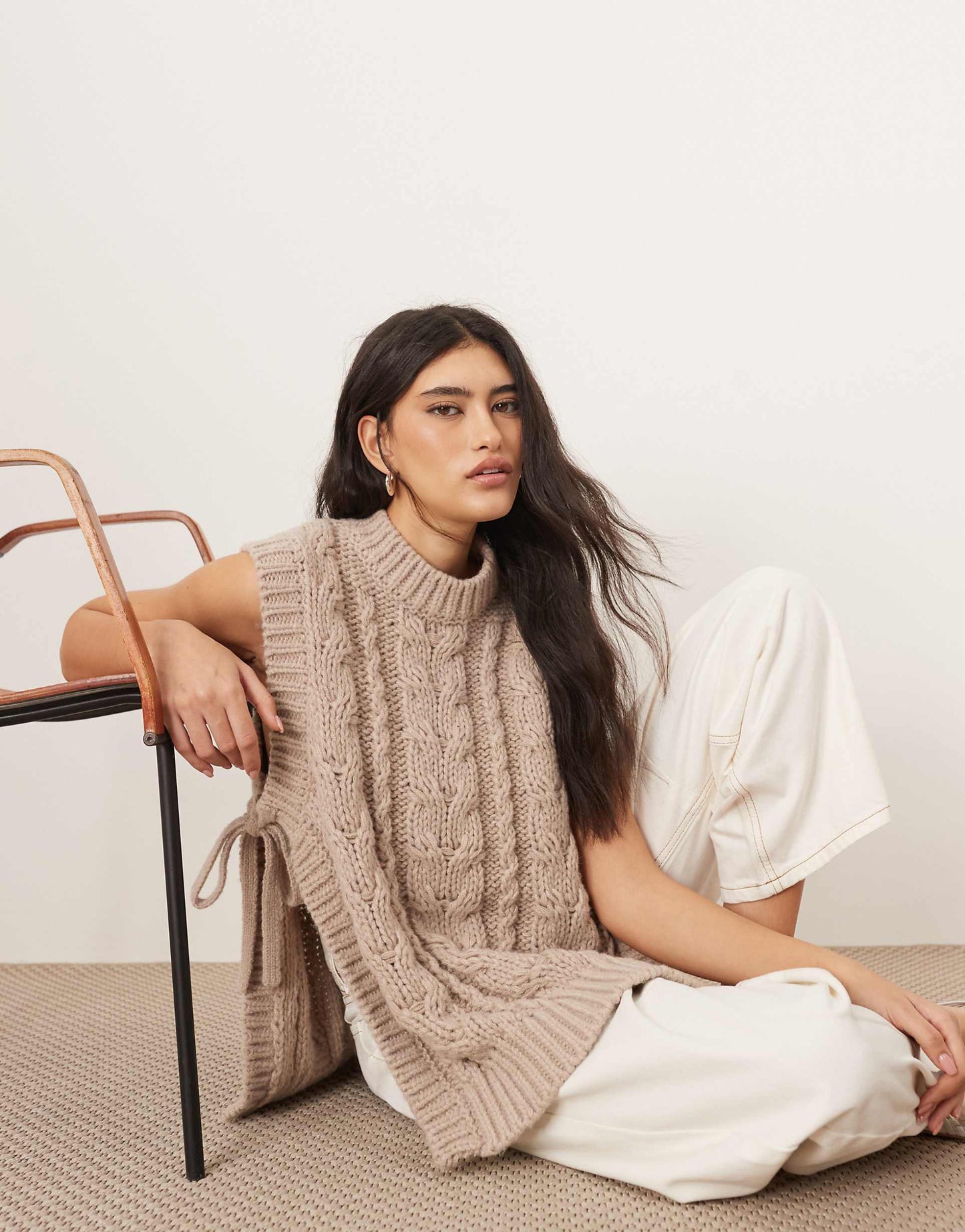 Cable Knit Sleeveless Jumper With Tie Detail