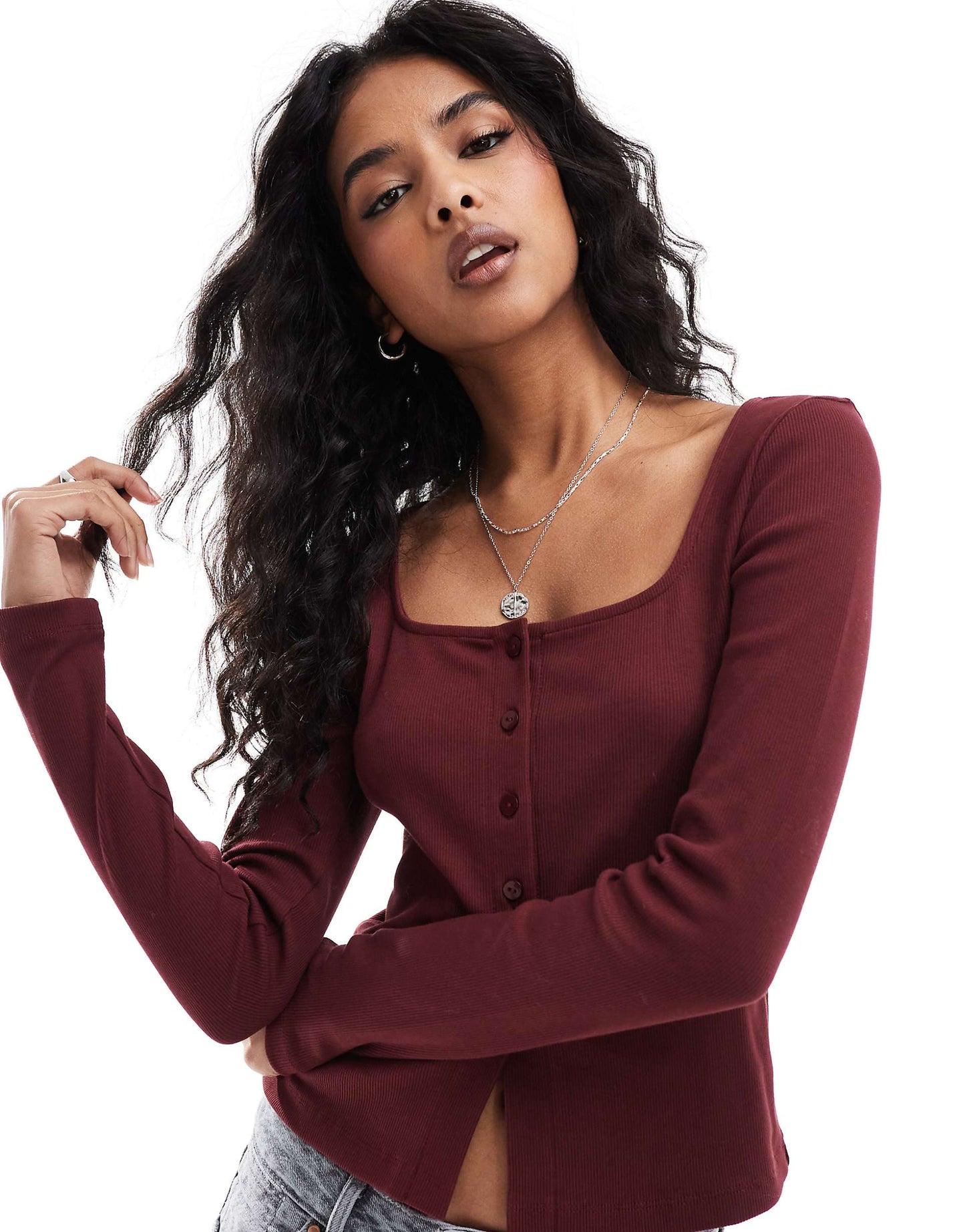 Button Through Split Hem Long Sleeve Top