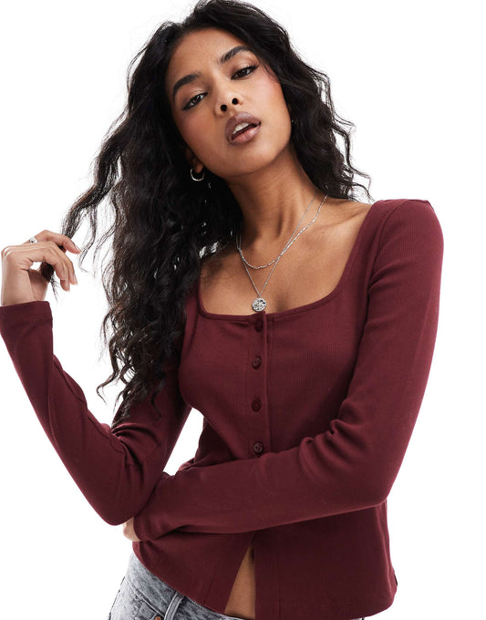 Button Through Split Hem Long Sleeve Top