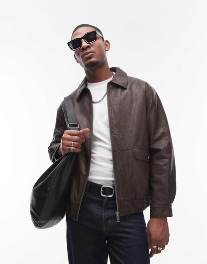Faux Leather Harrington Jacket