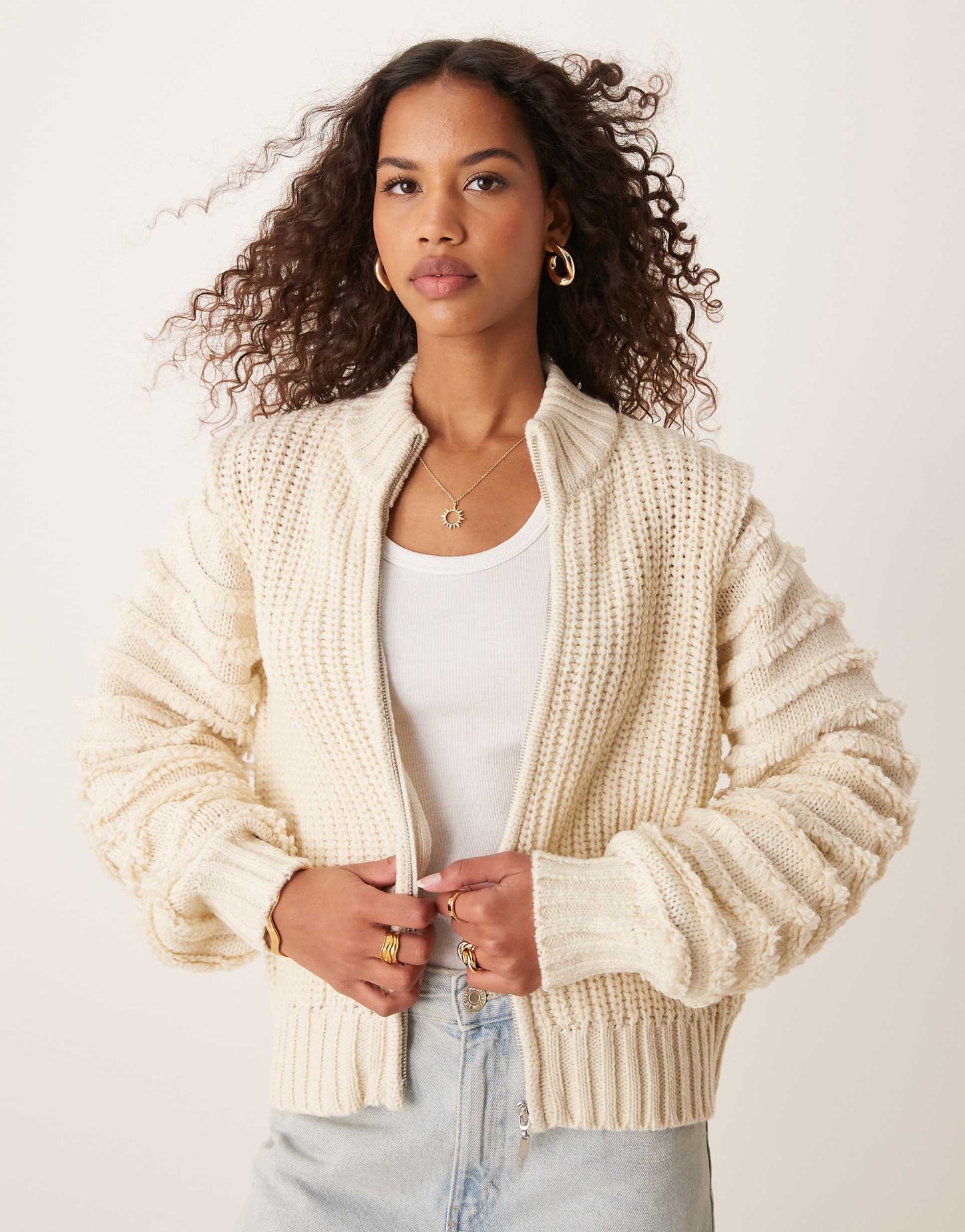 Premium Textured Sleeve Zip Up Cardigan