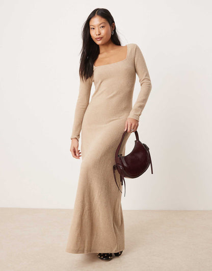 Petite Long Sleeve Square Neck Knitted Maxi Dress
