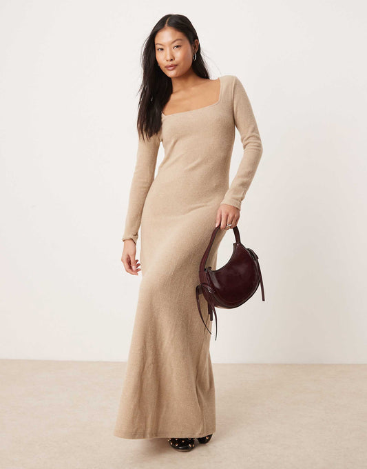 Petite Long Sleeve Square Neck Knitted Maxi Dress
