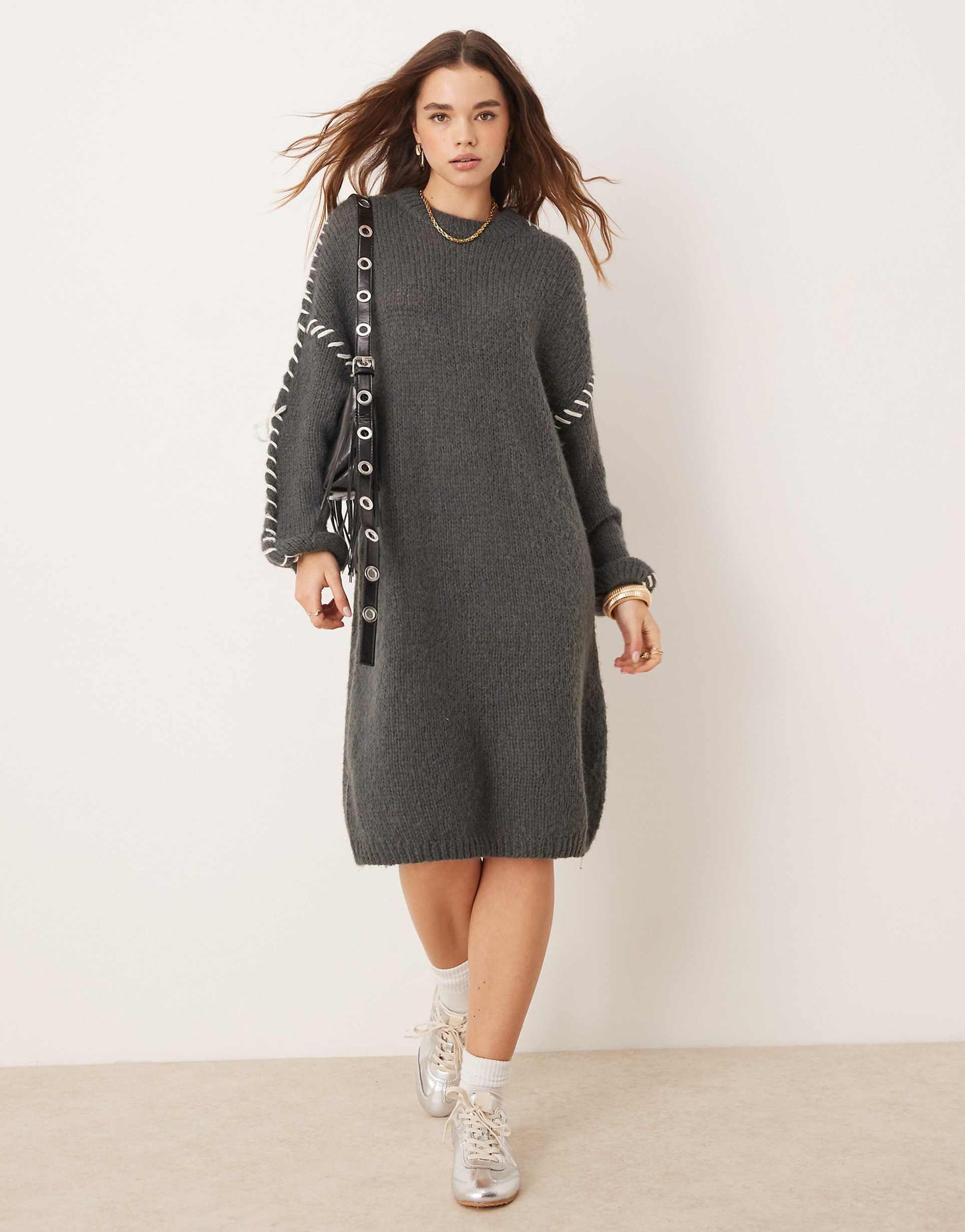 Knitted Jumper Mini Dress With Contrast Stitch