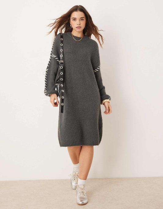 Knitted Jumper Mini Dress With Contrast Stitch