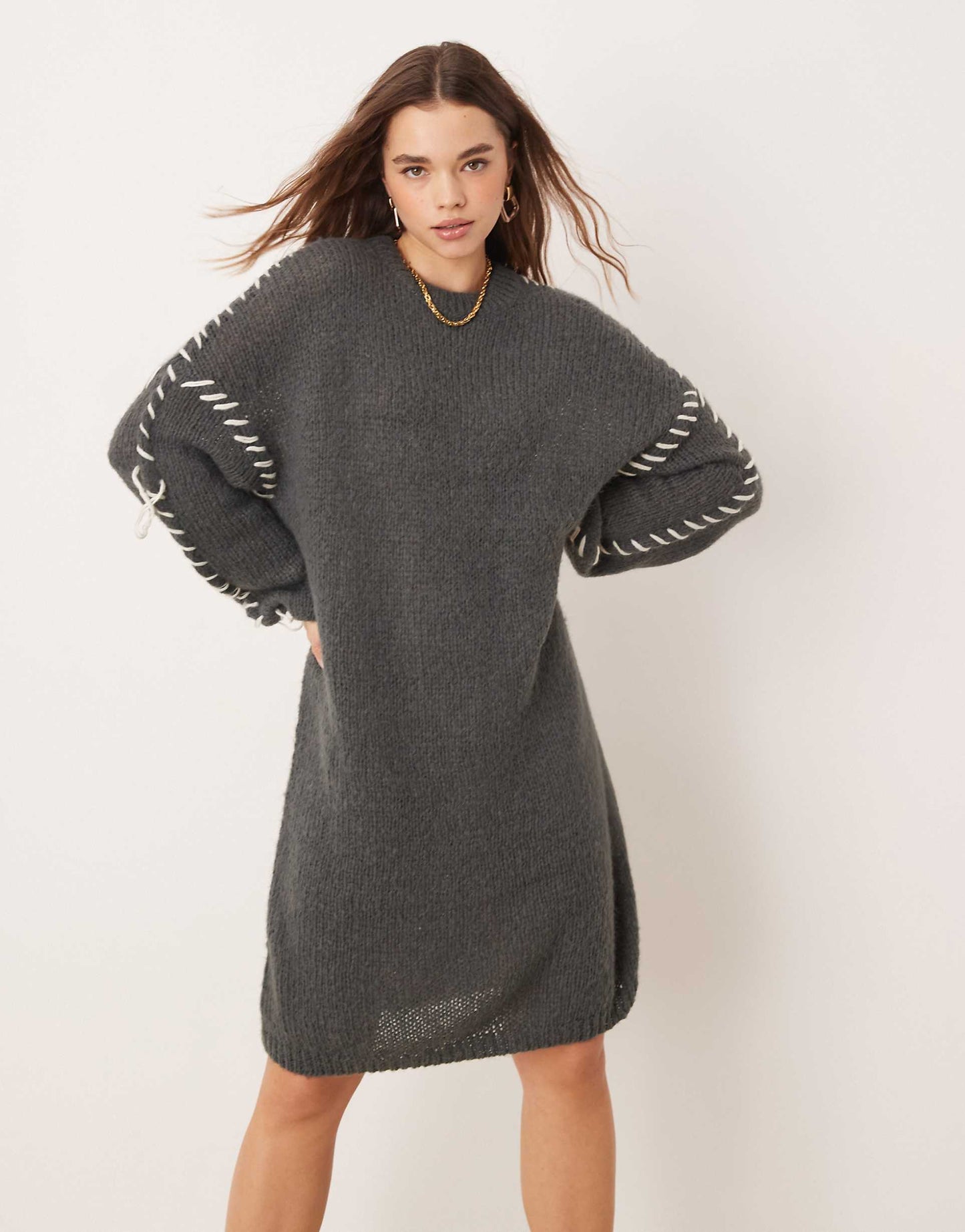 Knitted Jumper Mini Dress With Contrast Stitch
