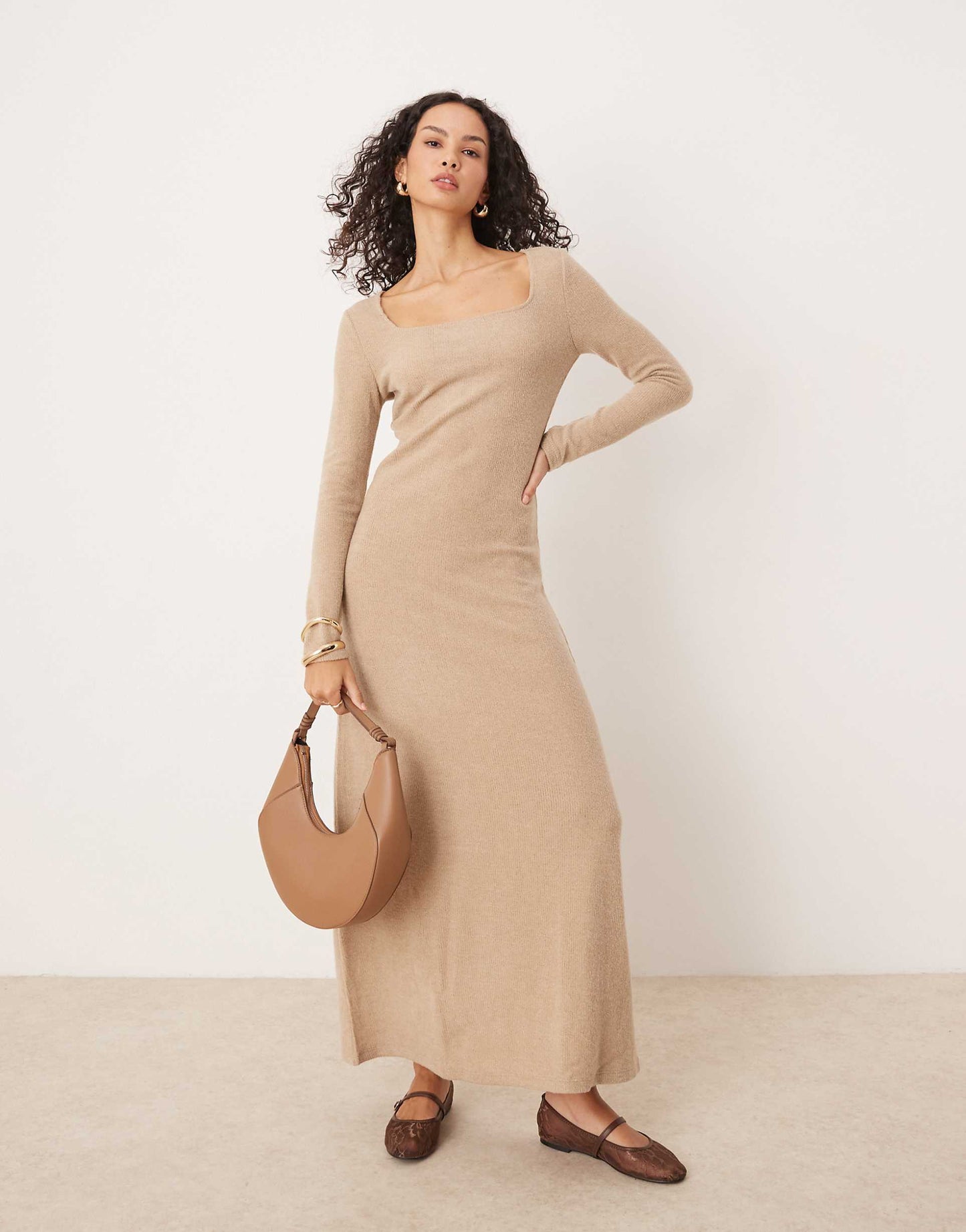 Long Sleeve Square Neck Knitted Maxi Dress