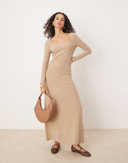 Long Sleeve Square Neck Knitted Maxi Dress