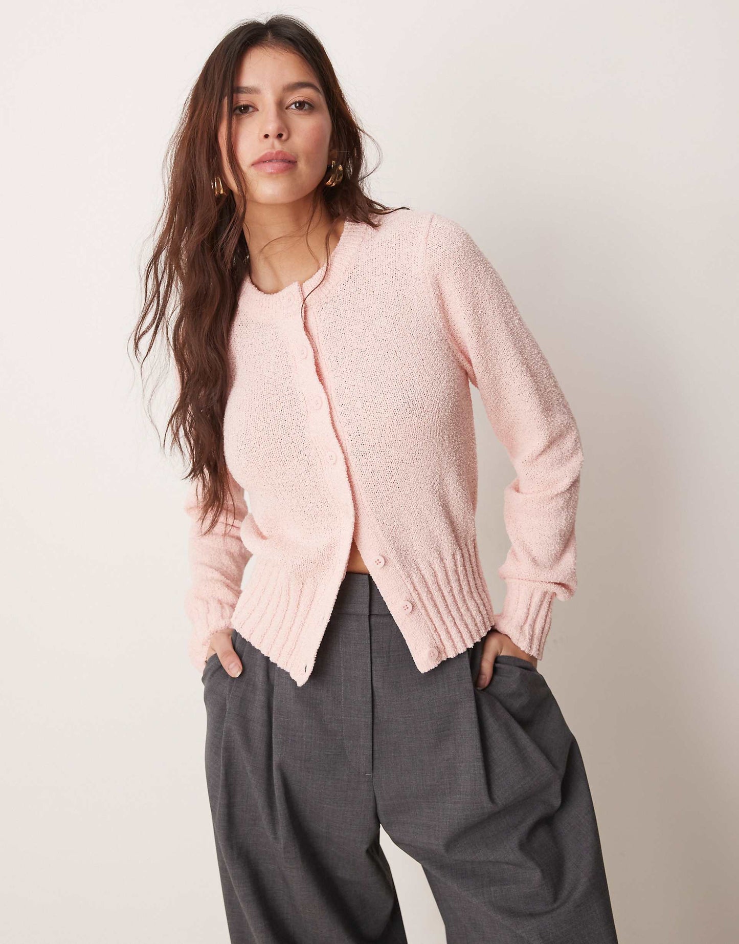 Knitted Textured Crew Neck Cardigan