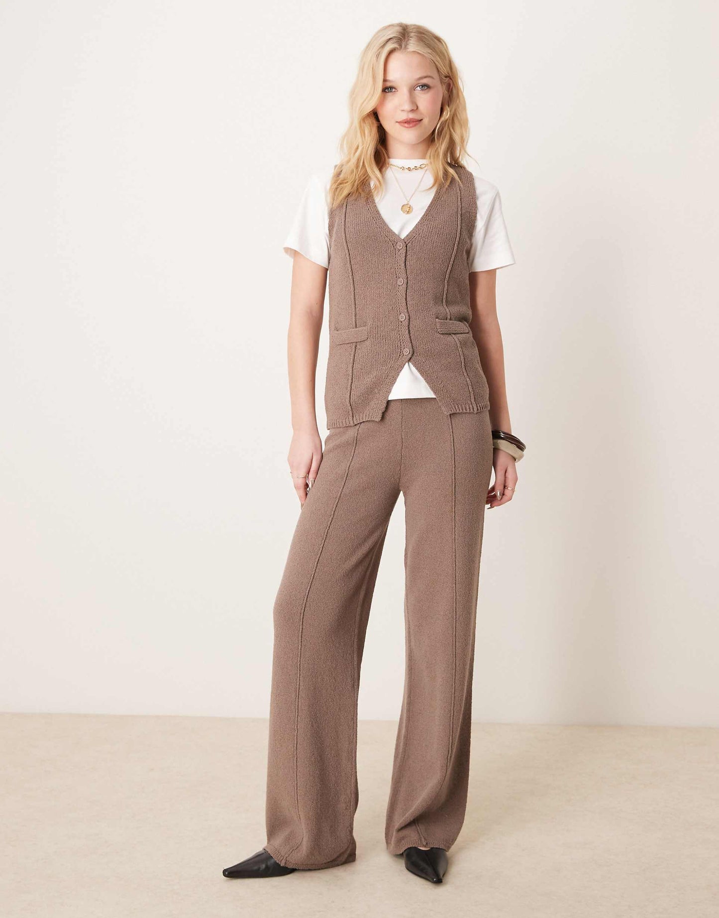 V Neck Seam Detail Waistcoat & Knitted Wide Leg Trouser Co-Ord