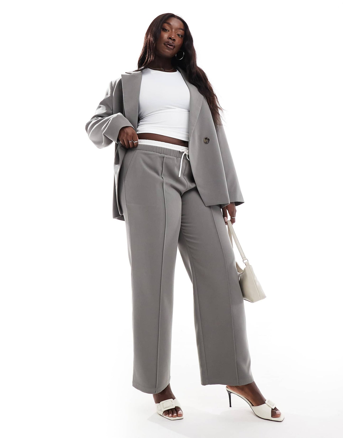 Plus Exclusive Tailored Straight Leg Drawstring Contrast Waistband Trouser Co-Ord