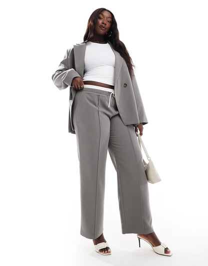Plus Exclusive Tailored Straight Leg Drawstring Contrast Waistband Trouser Co-Ord
