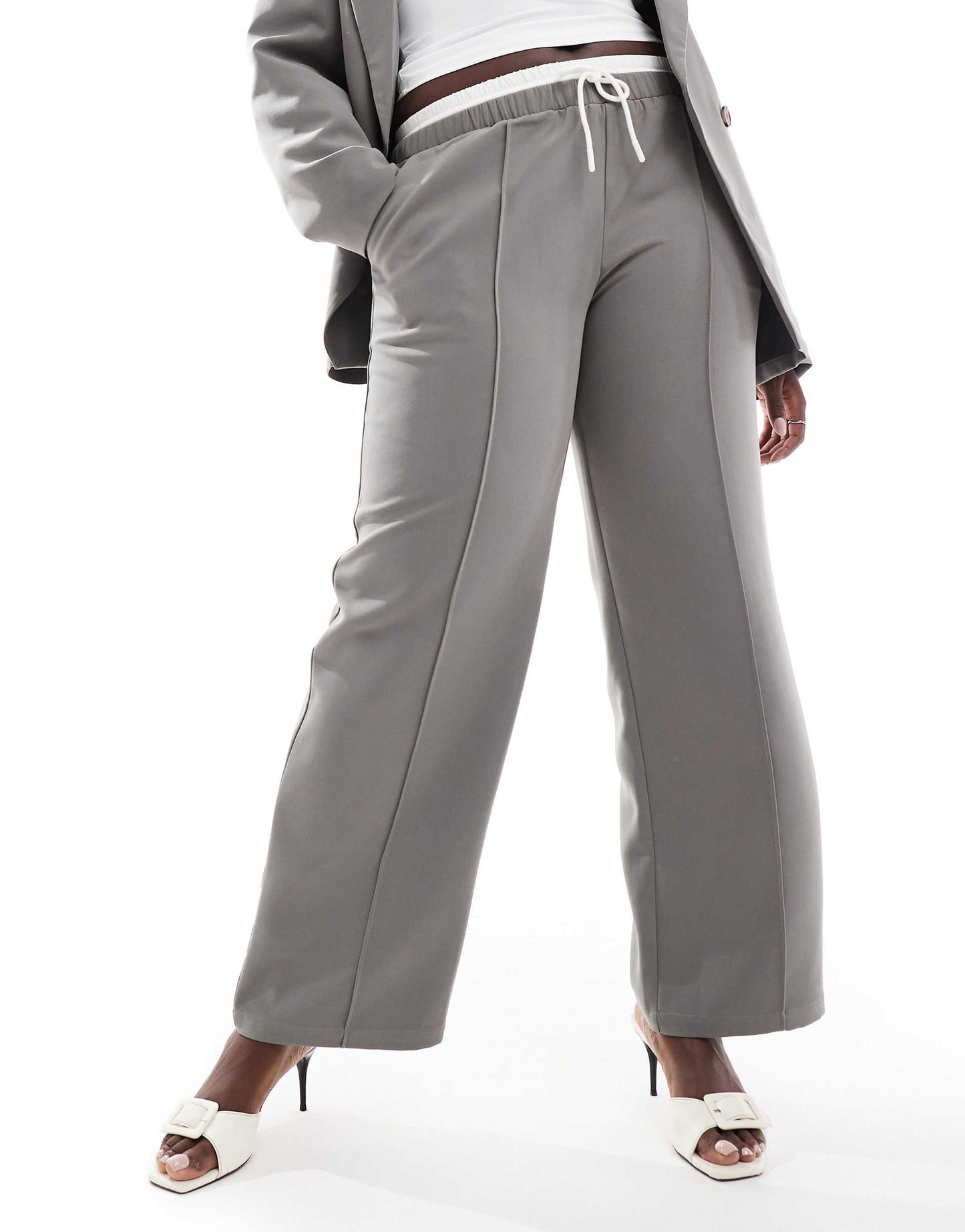 Plus Exclusive Tailored Straight Leg Drawstring Contrast Waistband Trouser Co-Ord