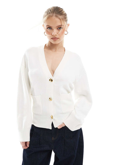 Structured V Neck Gold Button Detail Cardigan