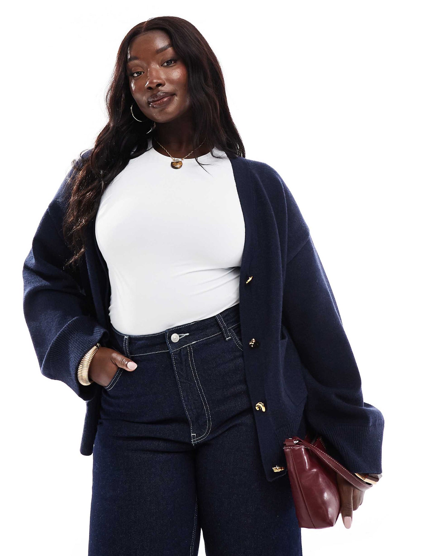 Plus Exclusive Structured V Neck Abstract Gold Button Detail Cardigan