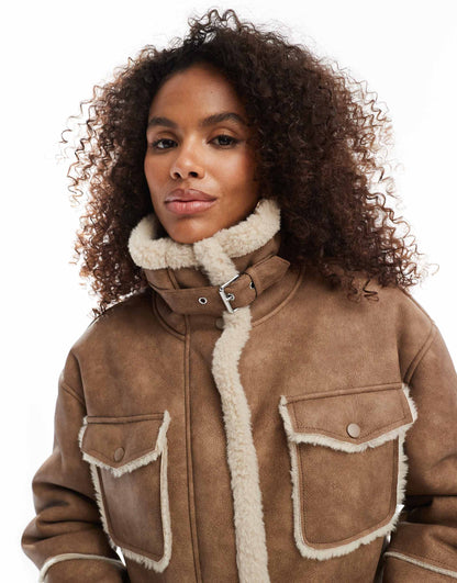 Shearling Trim Faux Suede Jacket