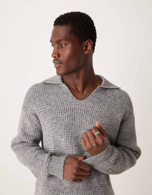 Wide V-Neck Collar Chunky Knit Sweater