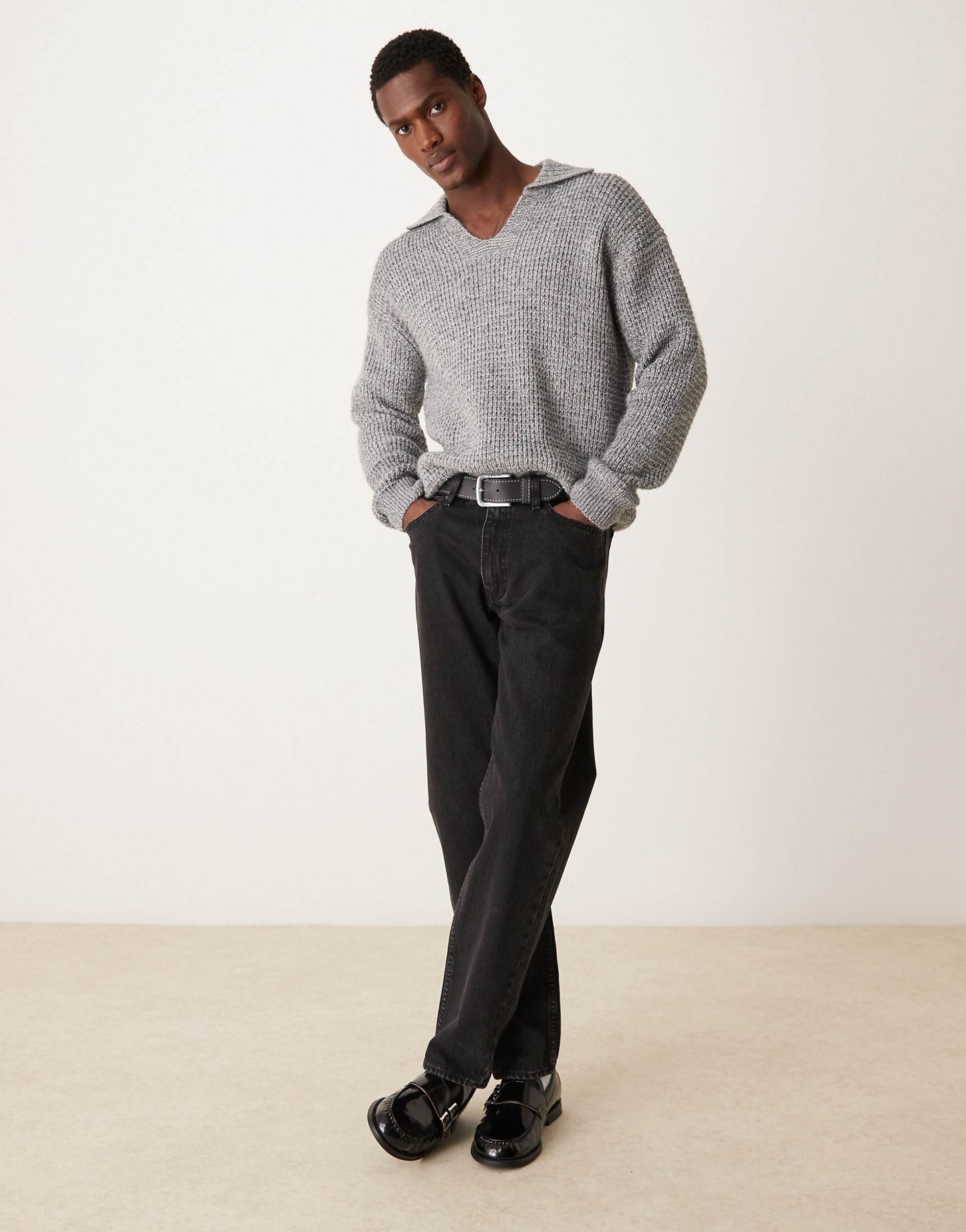 Wide V-Neck Collar Chunky Knit Sweater