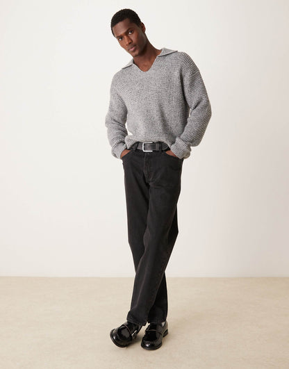 Wide V-Neck Collar Chunky Knit Sweater
