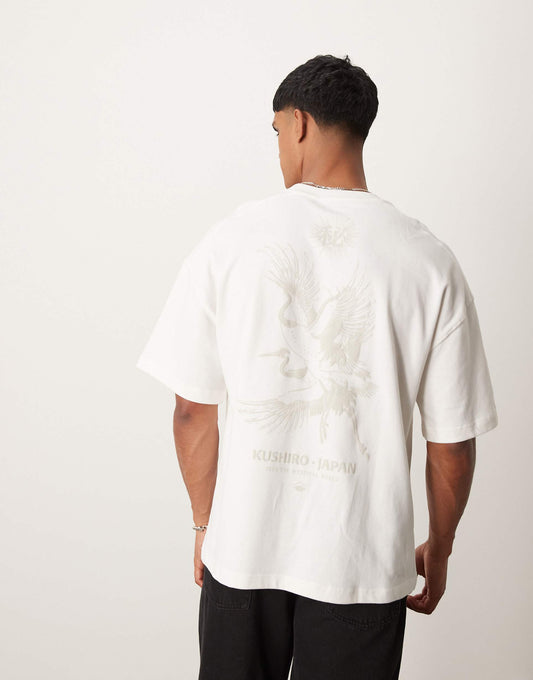 Japanese Crane Back Print Oversized T-Shirt