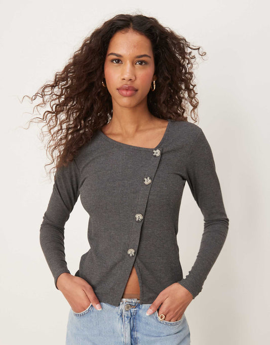 Asymetric Ribbed Button Detail Top