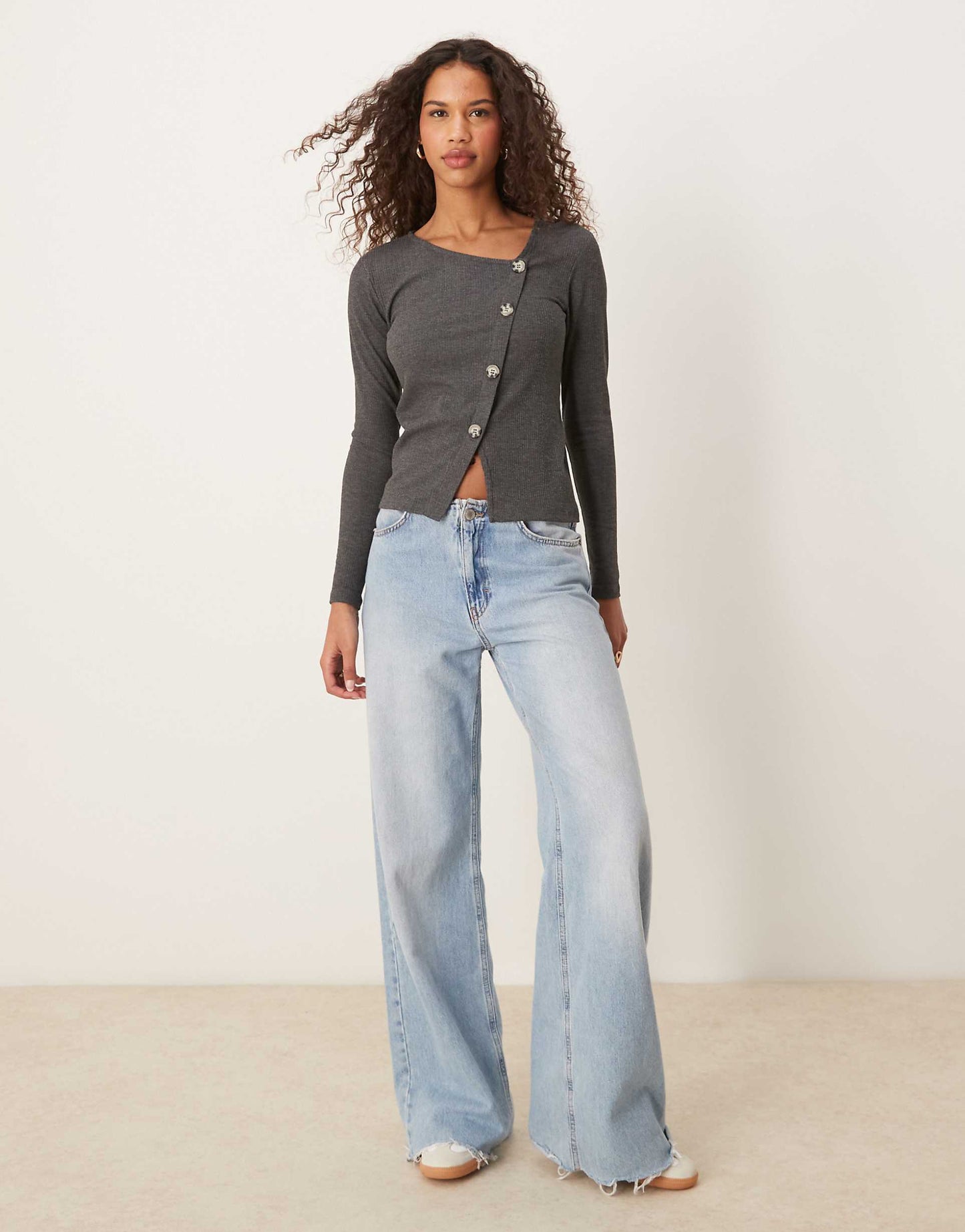 Asymetric Ribbed Button Detail Top