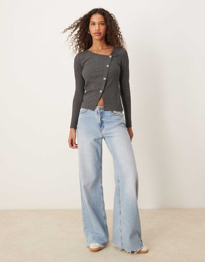 Asymetric Ribbed Button Detail Top