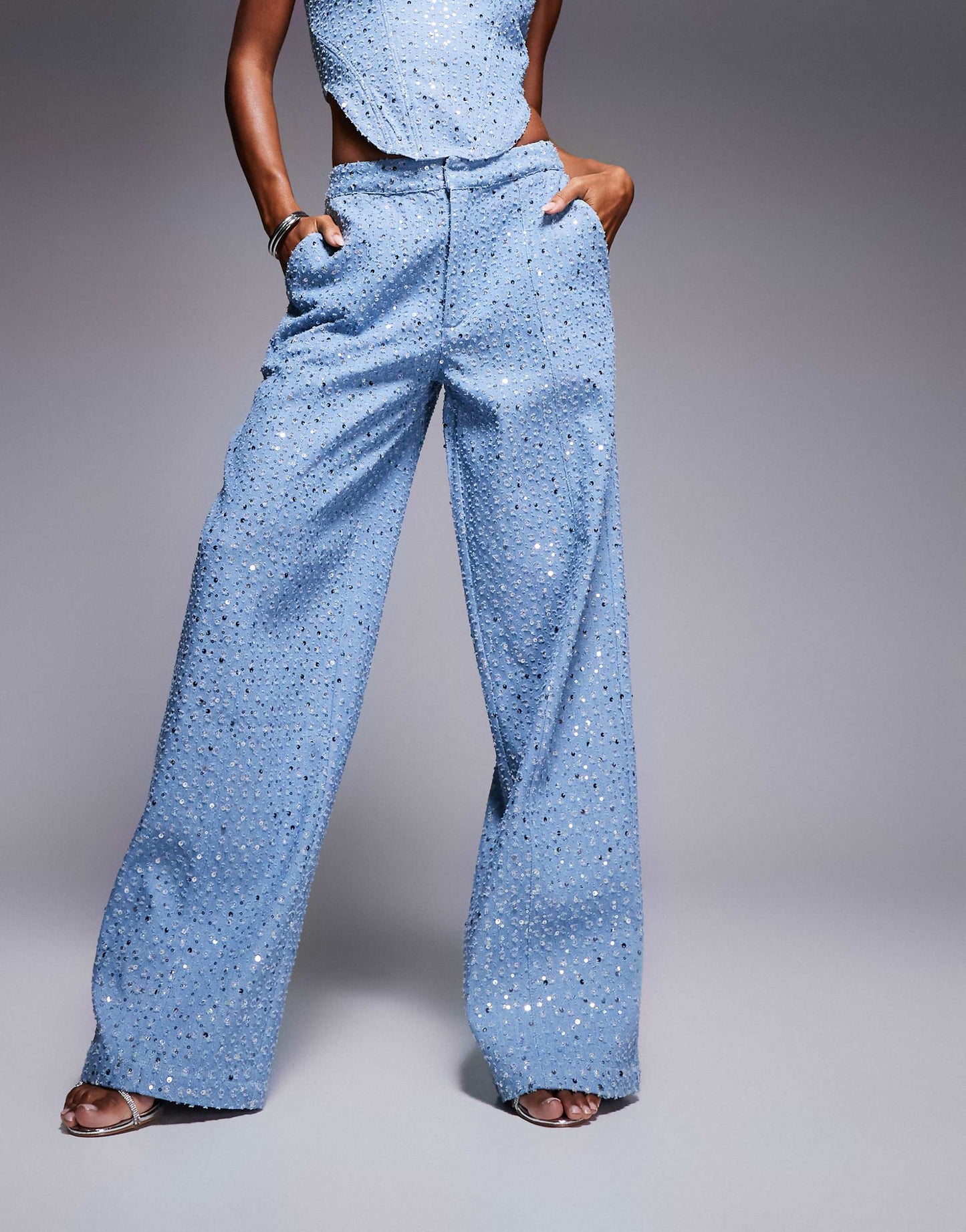 Maya Sequin Denim Wide Leg Trouser Co-Ord