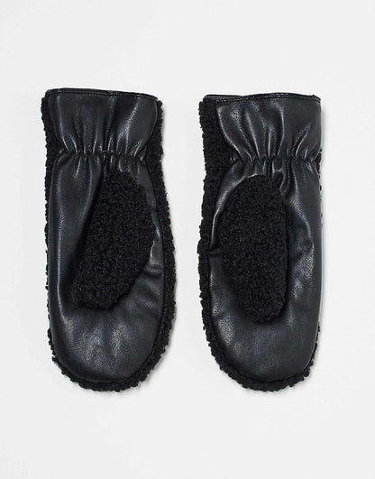 Leather Look And Borg Mix Mittens