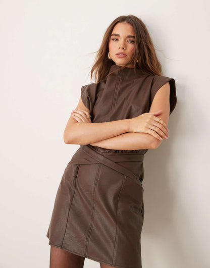 Leather Look High Neck Skirt Detail Mini Dress