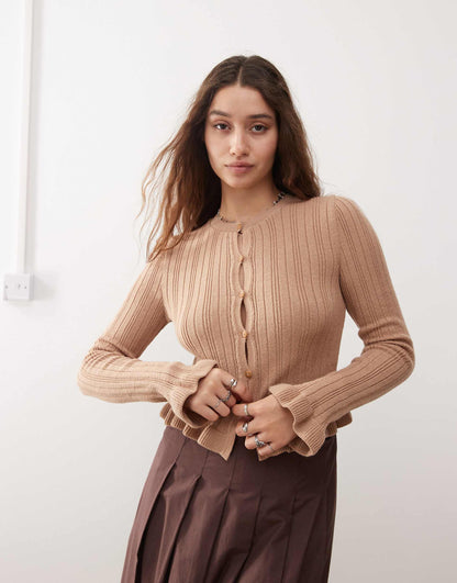 Knitted Frill Hem And Cuff Cardigan