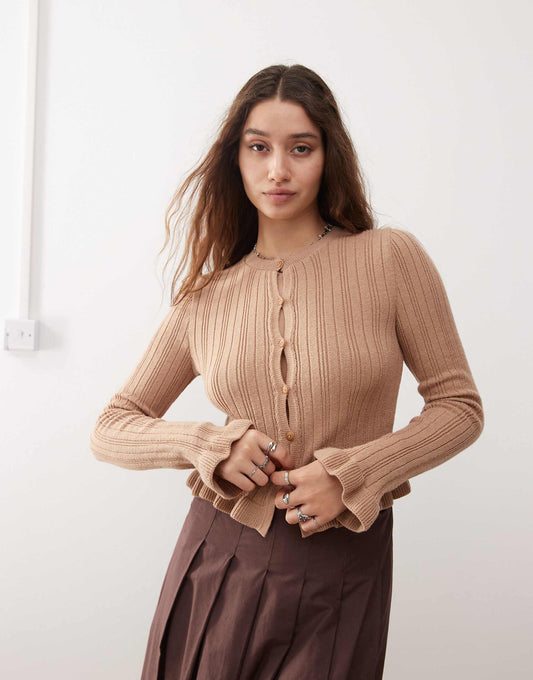 Knitted Frill Hem And Cuff Cardigan