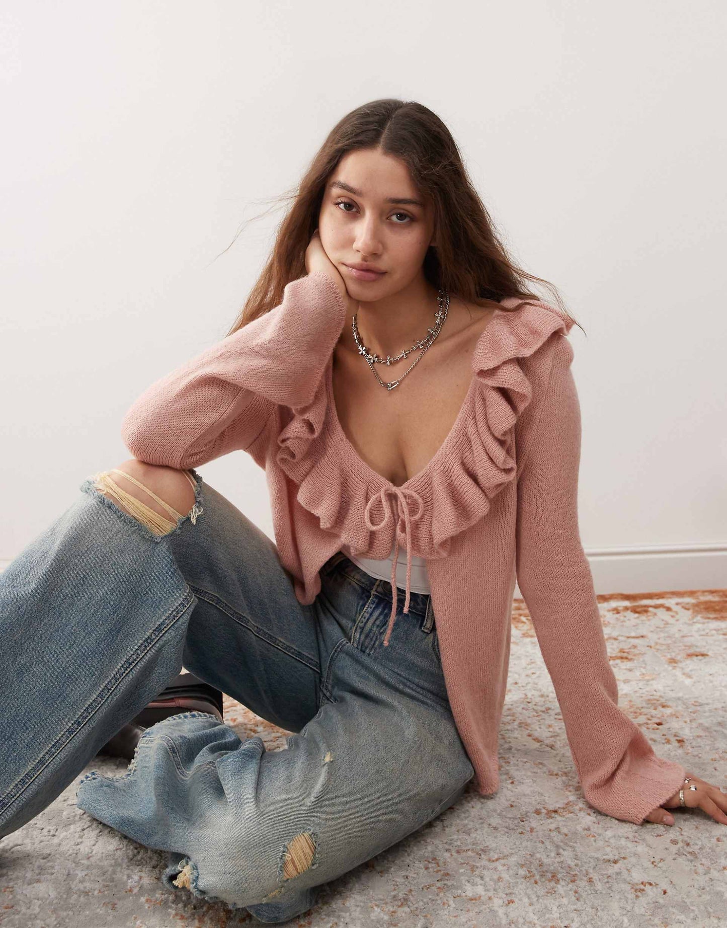 Ruffle Detail Tie Front Cardigan