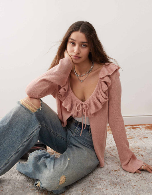 Ruffle Detail Tie Front Cardigan
