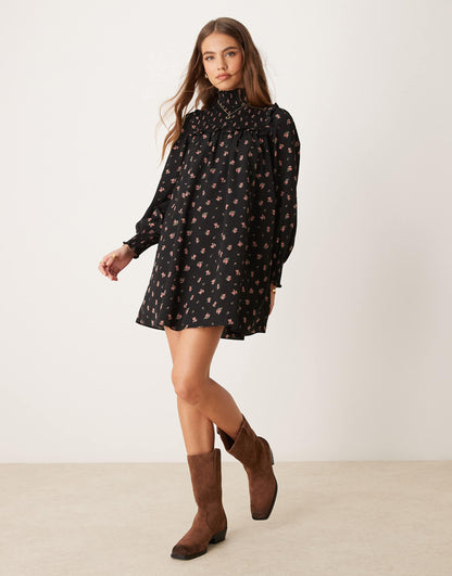 Smock Ruffle High Neck Mini Dress