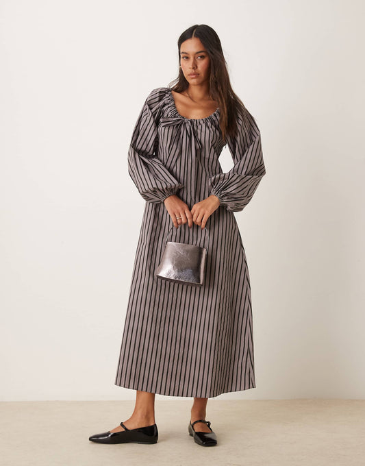 Tie Front Volume Sleeve Maxi Smock Dress