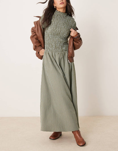Long Sleeve Shirred Maxi Dress