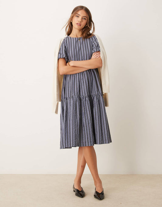 Puff Sleeve Tiered Midi Dress