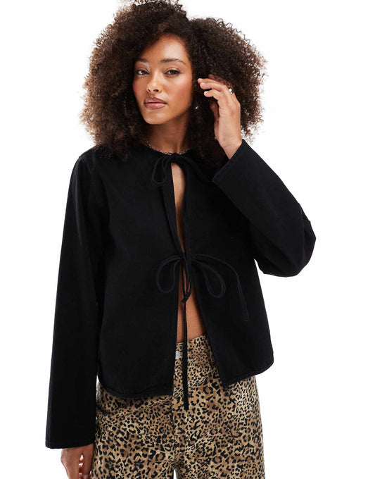 Denim Long Sleeve Tie Front Top