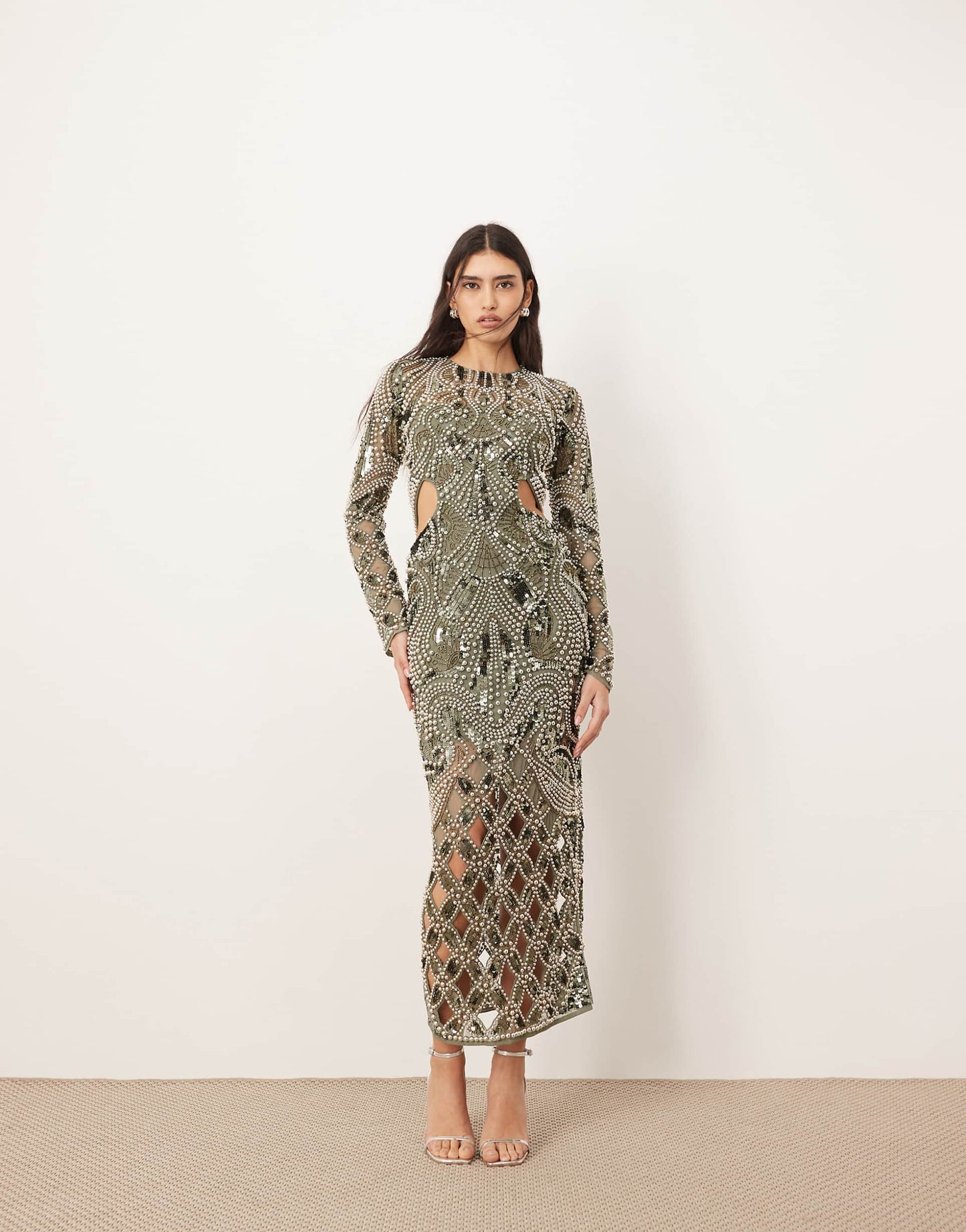 Embellished Metal Look Cage Cut Work Maxi Dress