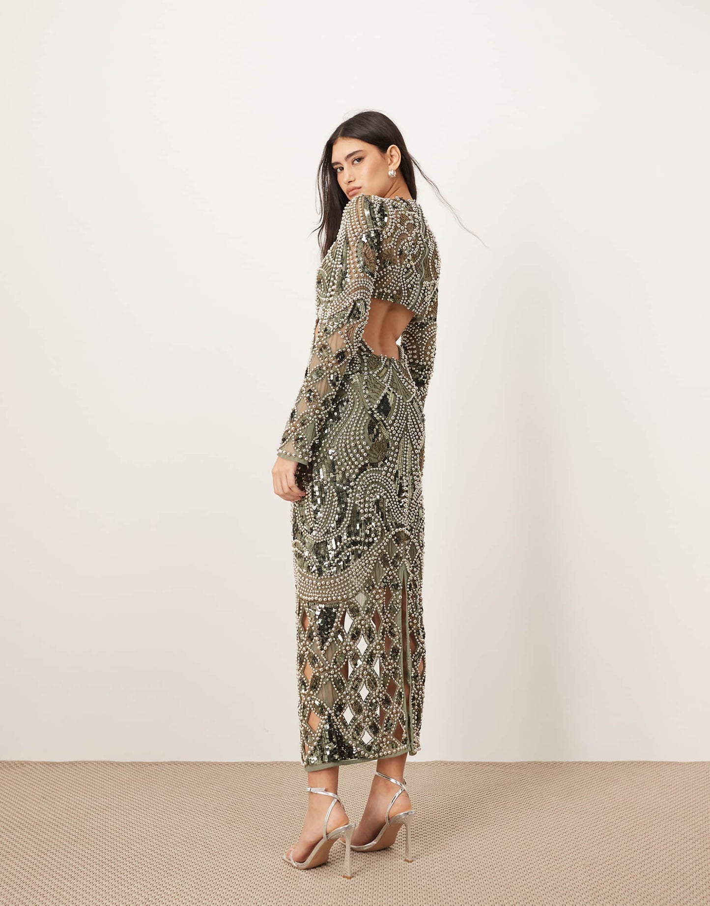 Embellished Metal Look Cage Cut Work Maxi Dress