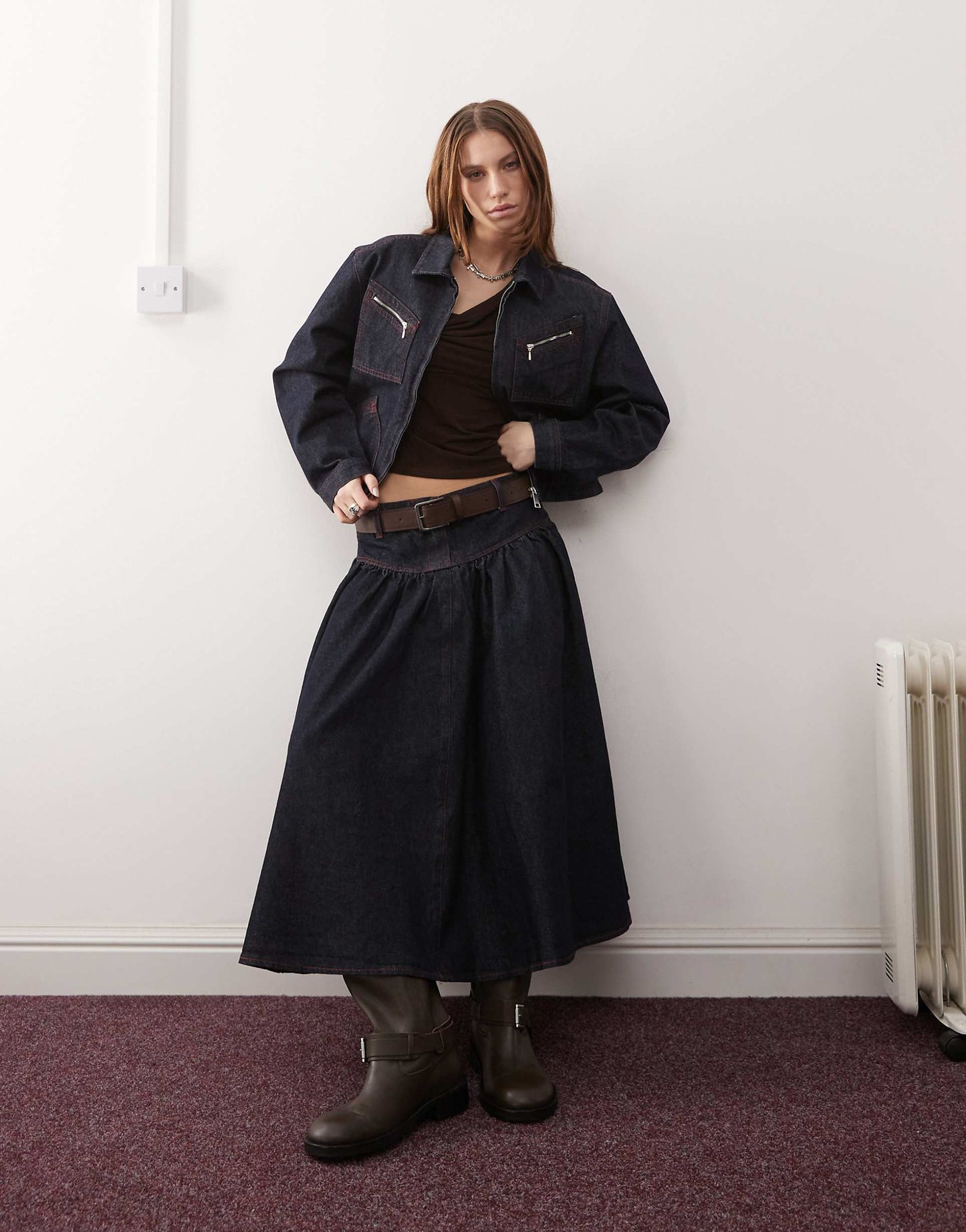 Denim Drop Waist Midi Skirt Co-Ord