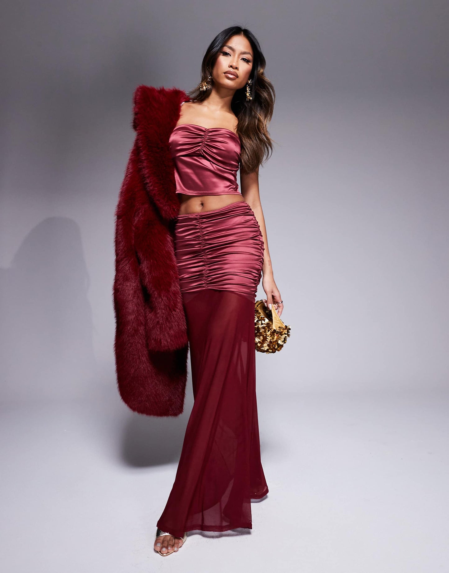 Co-Ord Stretch Satin Ruched Bust Bandeau Top