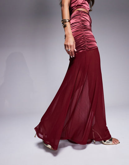 Co-Ord Stretch Satin Ruched Maxi Skirt With Mesh Hem