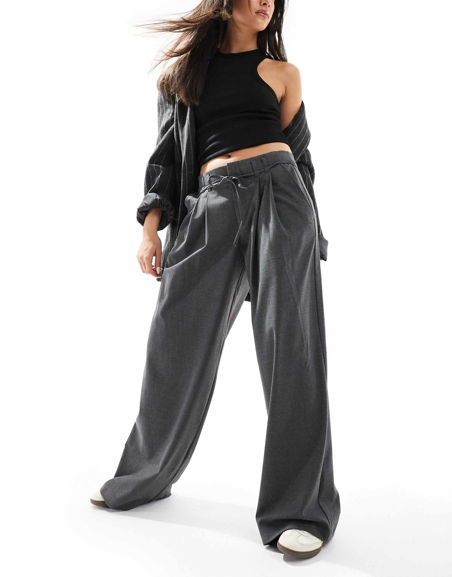 Wide Leg Tailored Trousers With Tie Waist