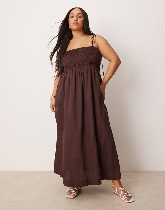 Curve Shirred Bust Cotton Sateen Maxi Dress