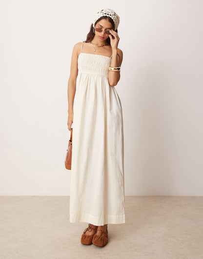 Shirred Bust Cotton Sateen Maxi Dress