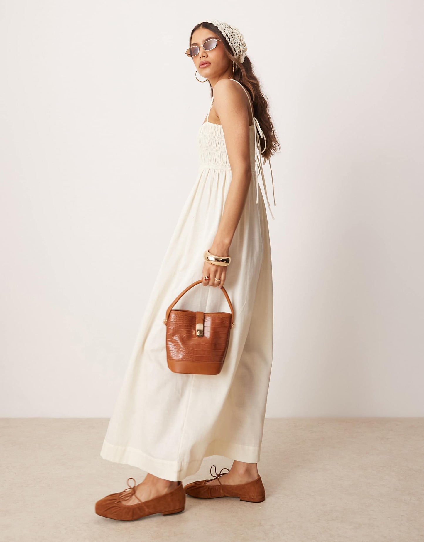 Shirred Bust Cotton Sateen Maxi Dress