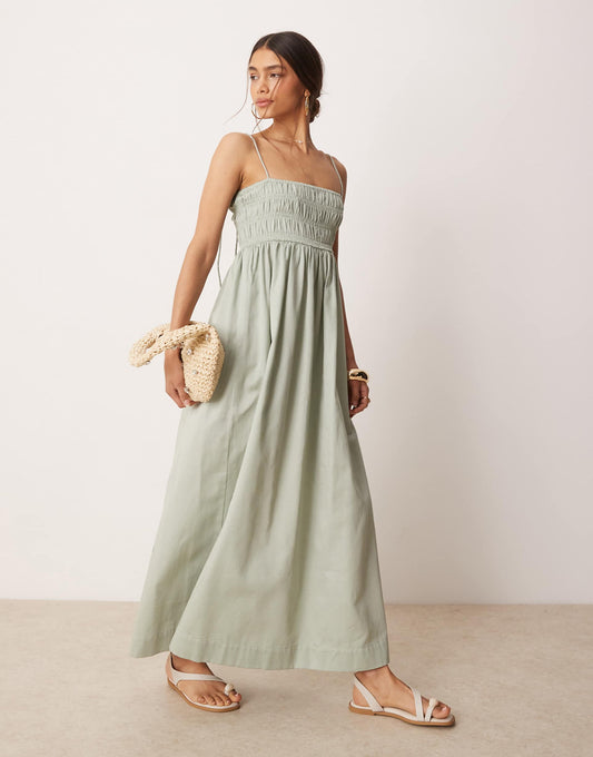 Shirred Bust Cotton Sateen Maxi Dress